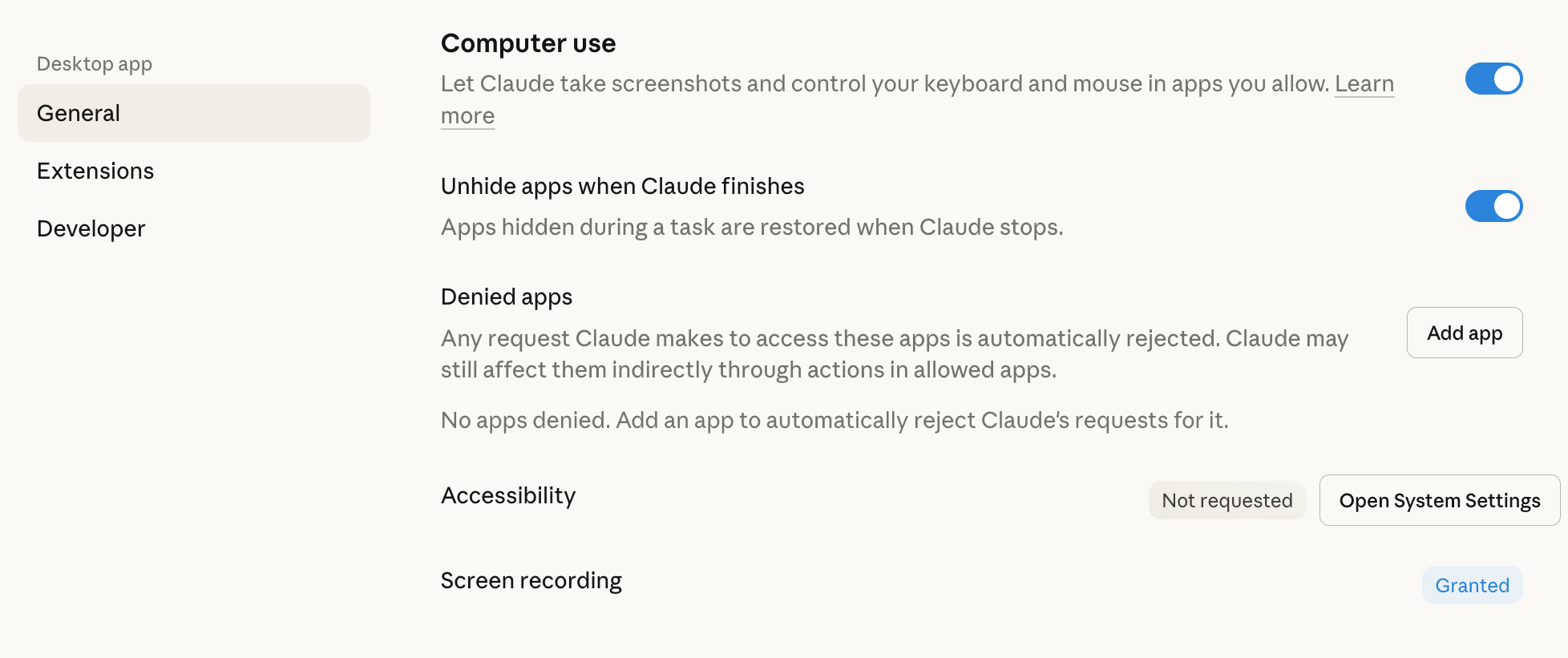 Claude Desktopの設定画面。Computer Useのトグルがオンになっており、Denied appsやアクセシビリティの設定項目が並んでいる