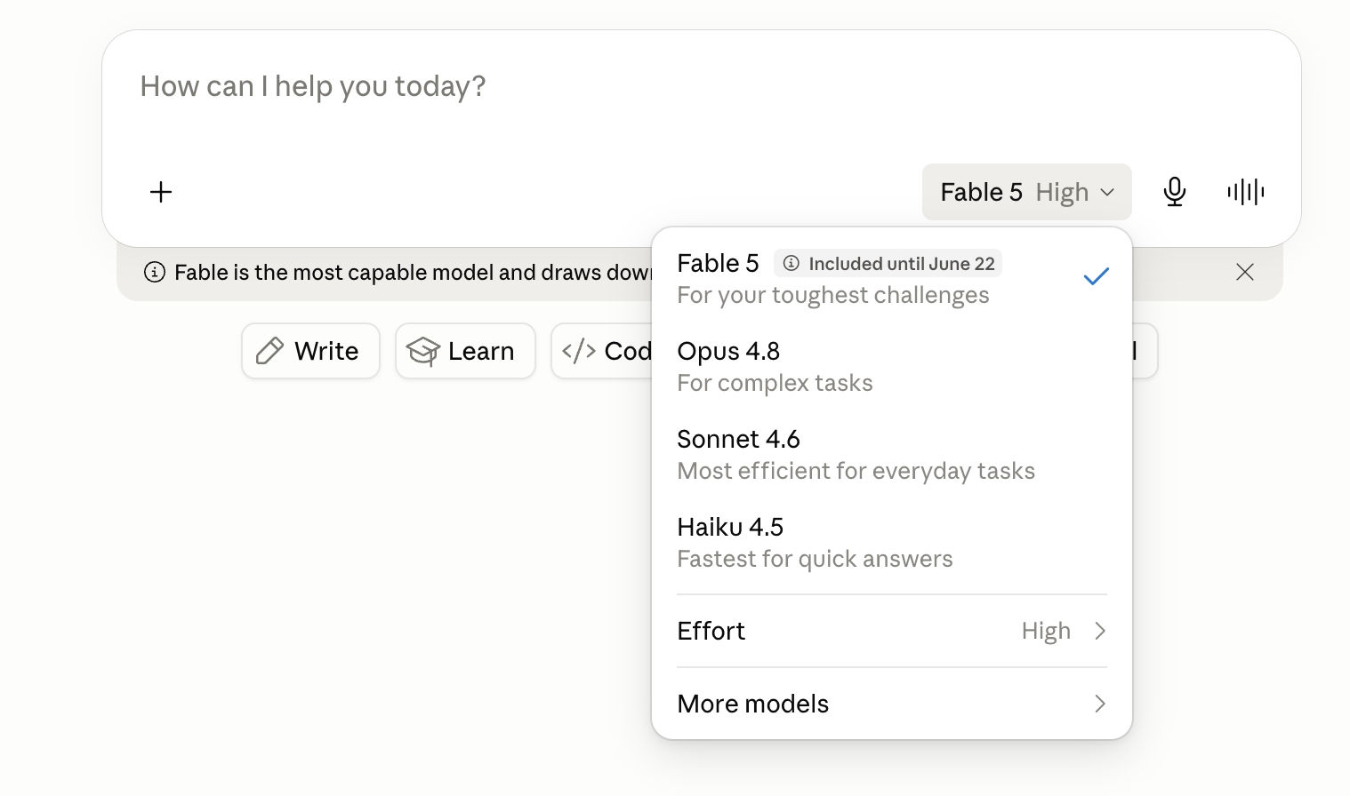 Claudeアプリのモデル選択メニュー。Fable 5が「Included until June 22」のラベル付きで最上位に並び、下にOpus 4.8・Sonnet 4.6・Haiku 4.5が表示されている