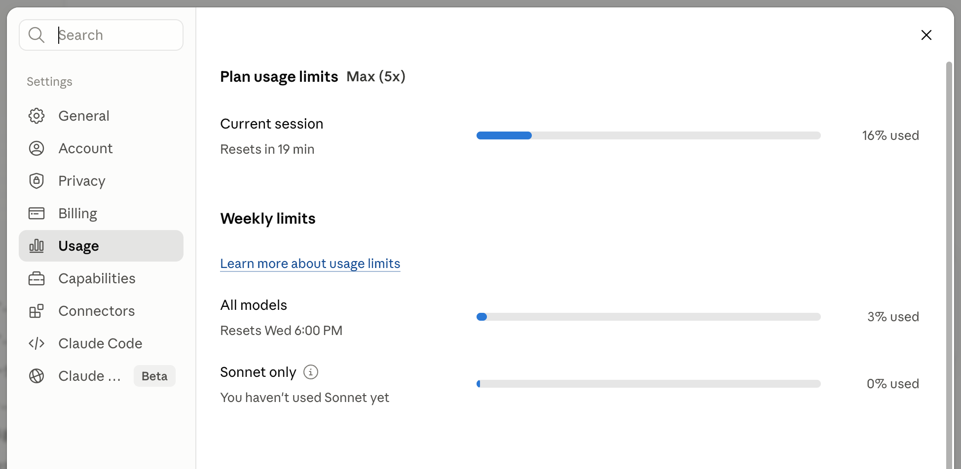 Claude設定のUsage画面。Maxプランの現在セッション使用量16%、週間制限の消化3%がプログレスバーで表示されている