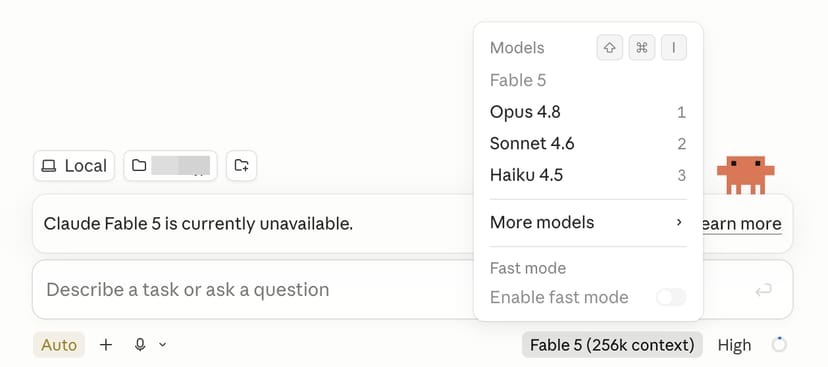 Claude CodeのモデルピッカーでFable 5がグレーアウトし、「Claude Fable 5 is currently unavailable.」と表示された画面。代替モデルとしてOpus 4.8・Sonnet 4.6・Haiku 4.5が並んでいる
