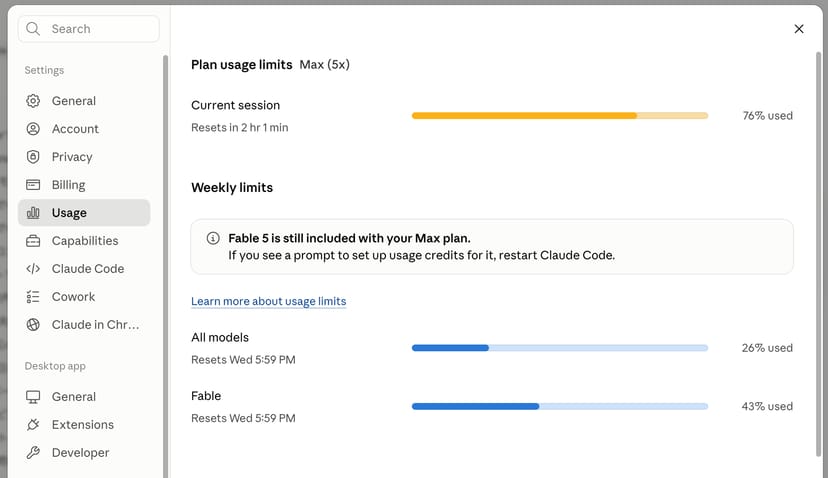 Claude Maxプランの利用枠画面。現在のセッションが76%、週次のAll modelsが26%、Fableが43%使用と表示されている