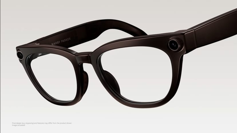 Warby ParkerがデザインしたブラウンフレームのAIスマートグラスのクローズアップ。フレーム側面にカメラを内蔵