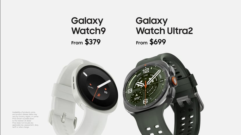 Galaxy Watch9がFrom $379、Galaxy Watch Ultra2がFrom $699と表示された価格スライド