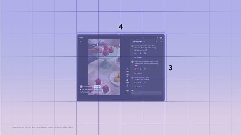 Galaxy Z Fold8の4:3メイン画面で動画とコメント欄を左右に分割表示するデモ画面