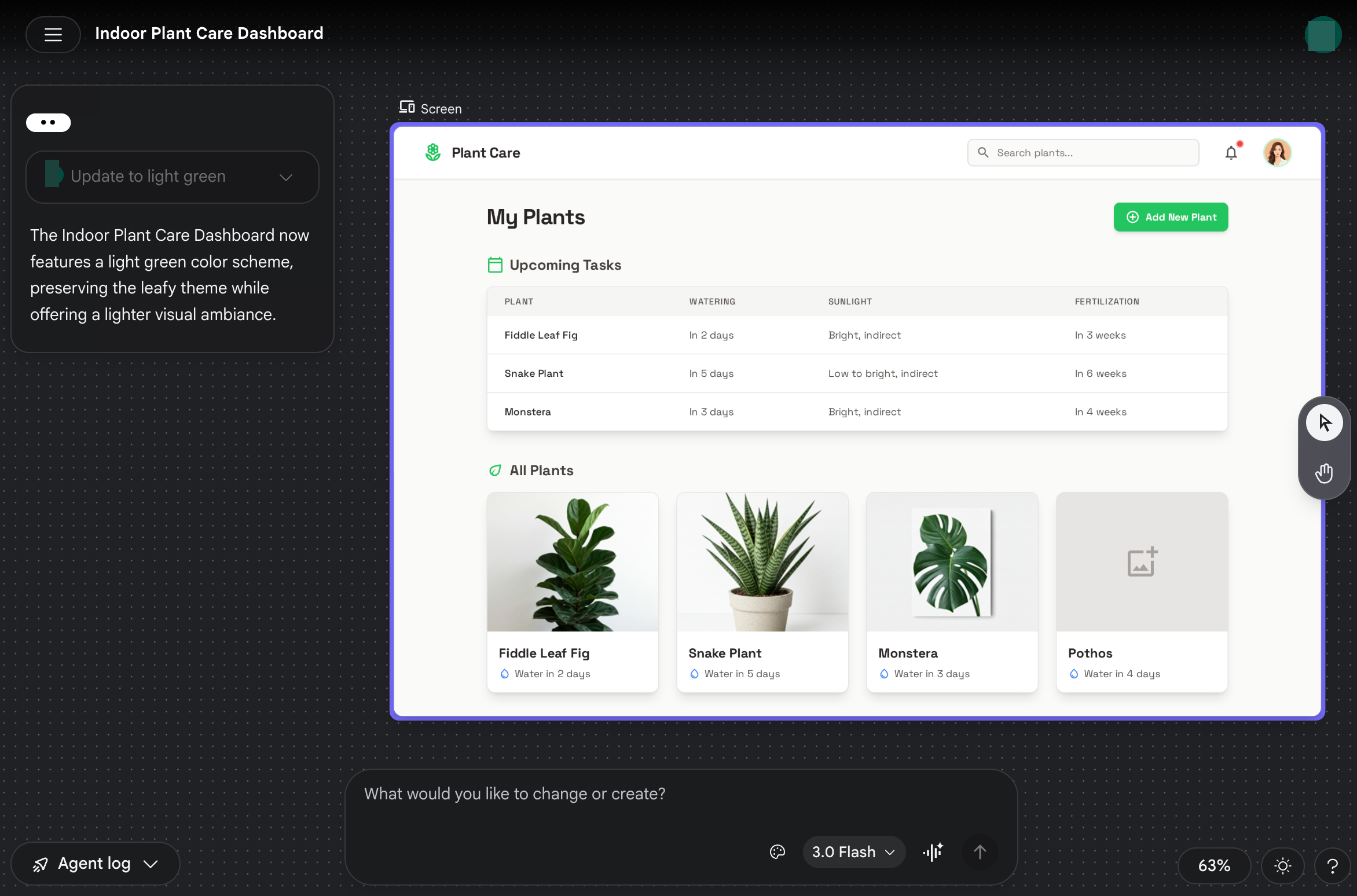 Stitchのキャンバス画面。植物管理ダッシュボードのUIが生成されている