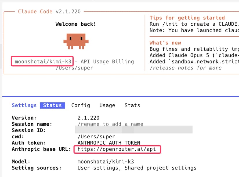 Claude Codeの/status画面。モデルがmoonshotai/kimi-k3、Base URLがopenrouter.aiになっていることを確認できる