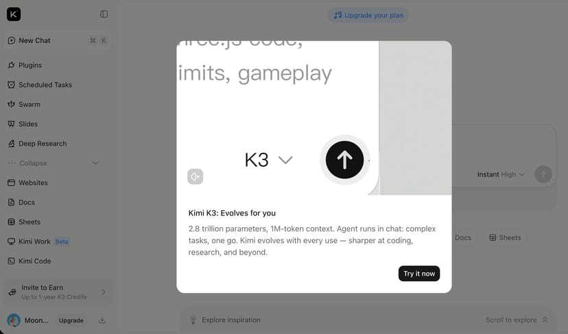 kimi.comに表示されたKimi K3の告知モーダル。2.8兆パラメータ・100万トークンコンテキストと紹介されている
