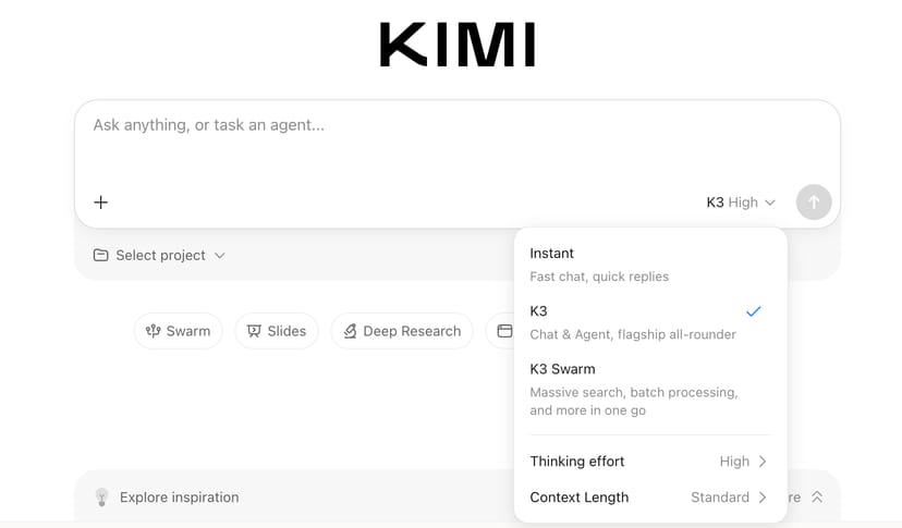 kimi.comのモデル選択メニュー。Instant・K3・K3 Swarmから選べ、K3が選択されている