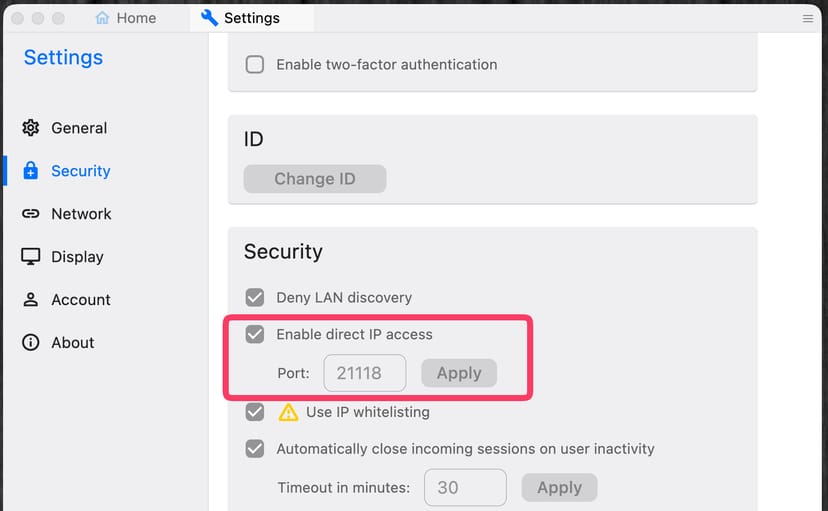 RustDeskのSecurity設定でEnable direct IP accessを有効化している画面