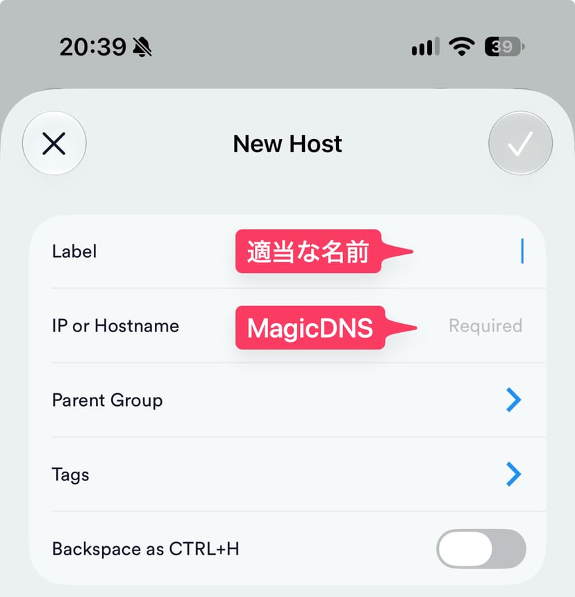 Termiusの新規ホスト作成画面。Labelに任意の名前、IP or HostnameにMagicDNS名を入力する