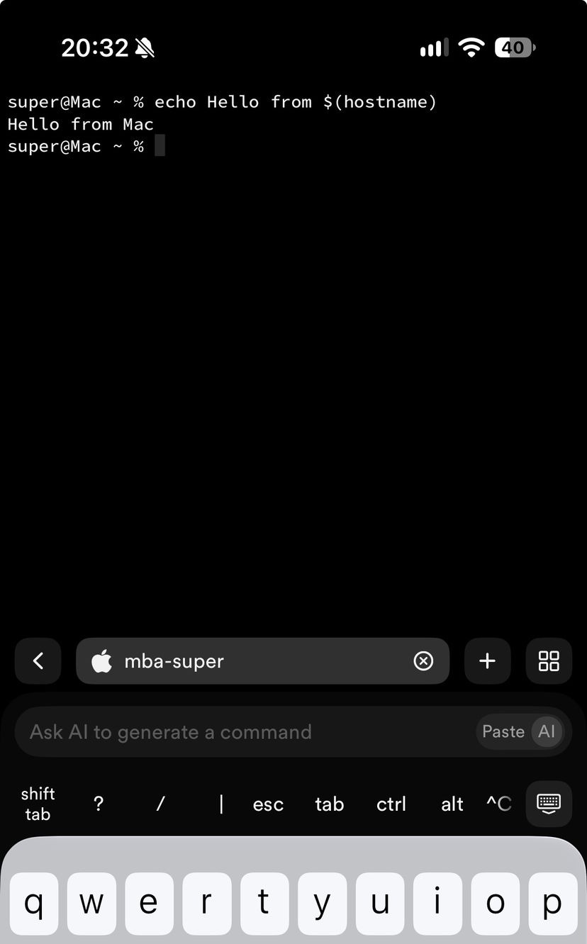 iPhoneのTermiusからMacにSSH接続し、コマンドの実行結果が表示されている