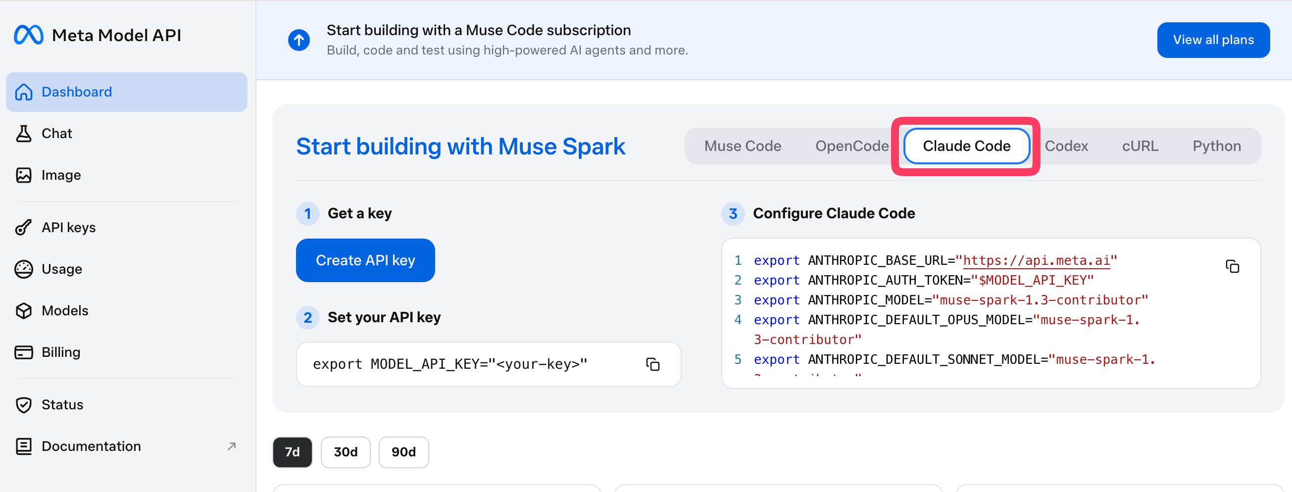 Meta Model API のダッシュボード。「Claude Code」タブに ANTHROPIC_BASE_URL と ANTHROPIC_MODEL を設定する export コマンドが表示されている