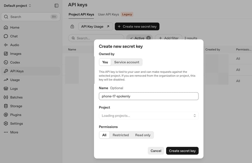 OpenAI PlatformのAPIキー発行画面。「Create new secret key」ダイアログで、名前欄にphone-17-spokenlyと入力し権限はAllを選択している