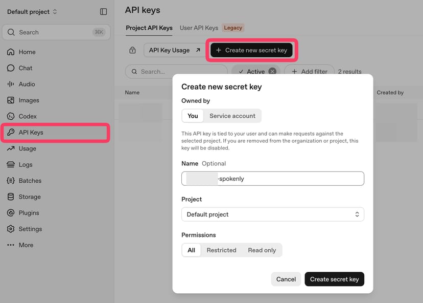 OpenAI PlatformのAPI keys画面。左メニューのAPI Keysと「Create new secret key」ボタンが強調され、キー作成ダイアログが開いている
