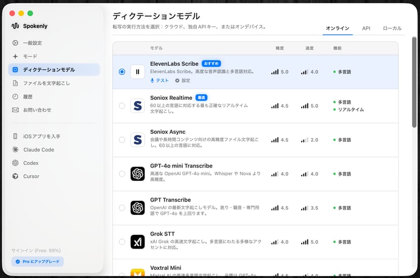 Spokenlyのディクテーションモデル一覧のオンラインタブ。ElevenLabs ScribeやSoniox、GPT Transcribeなどが精度と速度の評価付きで並ぶ