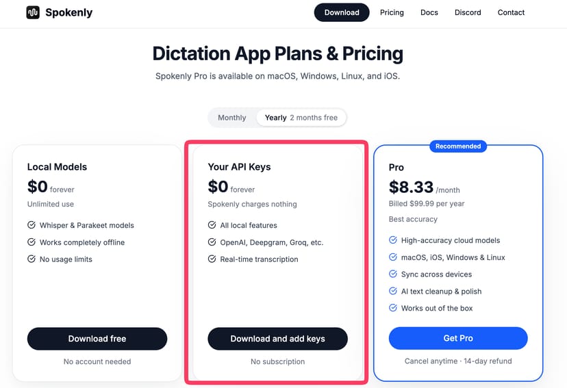 Spokenlyの料金プラン比較。Local Modelsと持ち込みAPIキーは無料、Proは月8.33ドル（年99.99ドル）