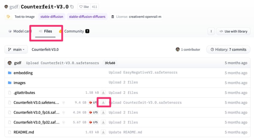 Hugging FaceからCounterfeit-V3.0をダウンロードする方法の解説