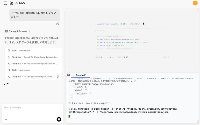chat.z.aiのAgentモード実行画面。「千代田区の30年間の人口推移をグラフにして」というプロンプトに対し、Web検索やターミナルを駆使してデータを収集・分析している様子