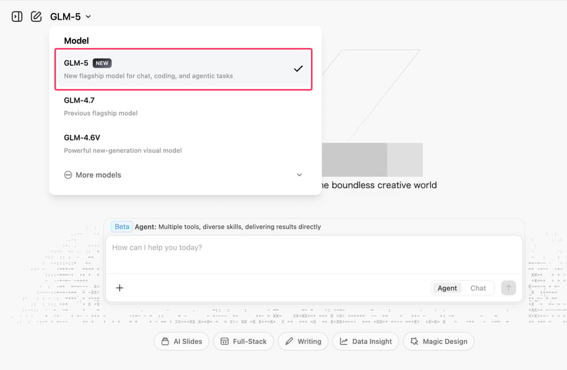 chat.z.aiのモデル選択画面。GLM-5が「NEW」のラベル付きで選択されている。下部にはAgentモードとChatモードの切り替えが表示されている