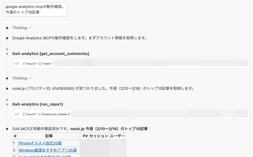 Claude CodeでGA4 MCPを使い、今週のトップ10記事をPV・セッション・ユーザー数の表で表示している