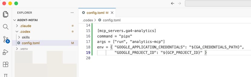 VS Codeで.codex/config.tomlを編集している画面。ga4-analyticsのMCPサーバー設定が記述されている