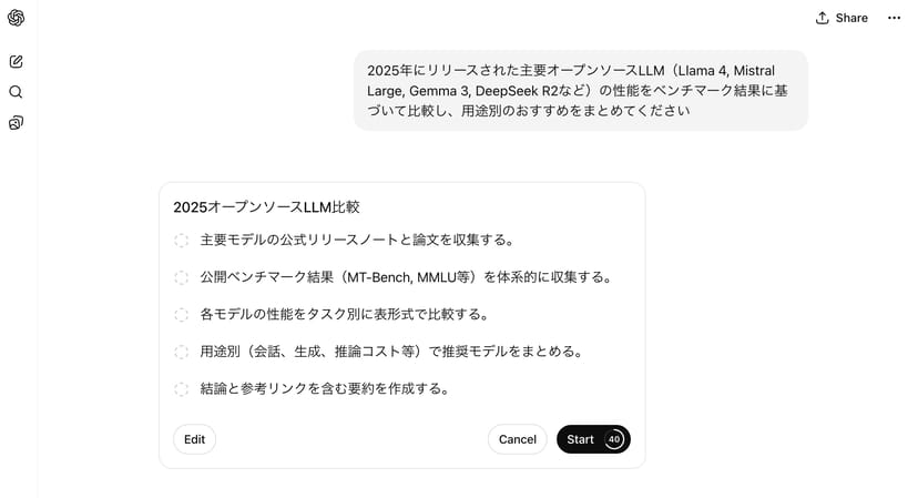 Deep Researchのリサーチプラン画面。実行前に調査計画の確認・編集が可能で、Edit・Cancel・Startボタンが表示されている