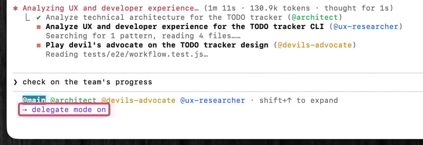 ステータスバーに「delegate mode on」と表示され、リードがコーディネーション専用モードになっている画面