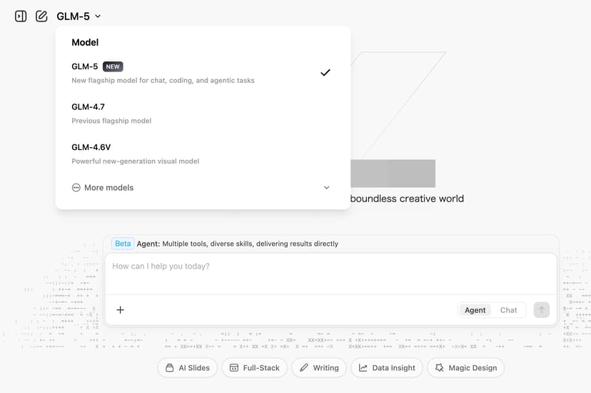 GLM-5のWeb UIトップページ。モデル選択でGLM-5が選ばれ、Agent・AI Slides等の機能が表示されている