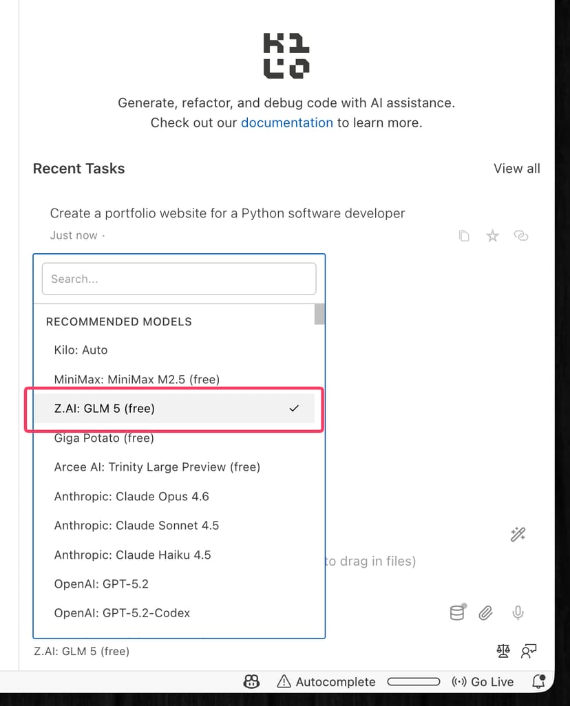 Kilo Codeのモデル選択画面。「Z.AI: GLM 5 (free)」が選択されている。他にもClaude Opus 4.6やGPT-5.2など多数のモデルが並ぶ