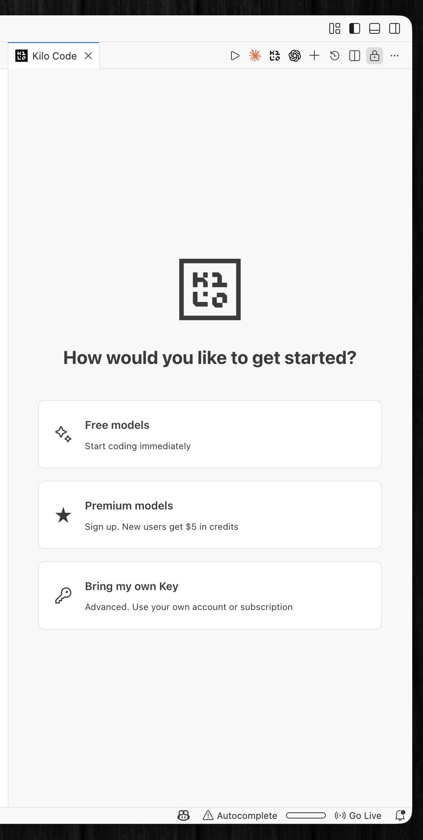 Kilo Codeの初回セットアップ画面。「Free models」「Premium models」「Bring my own Key」の3つの選択肢が表示されている