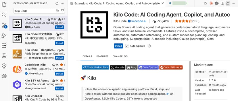 VS Code Marketplaceに表示されたKilo Codeの拡張機能ページ。150万以上のユーザー、星4.8の評価