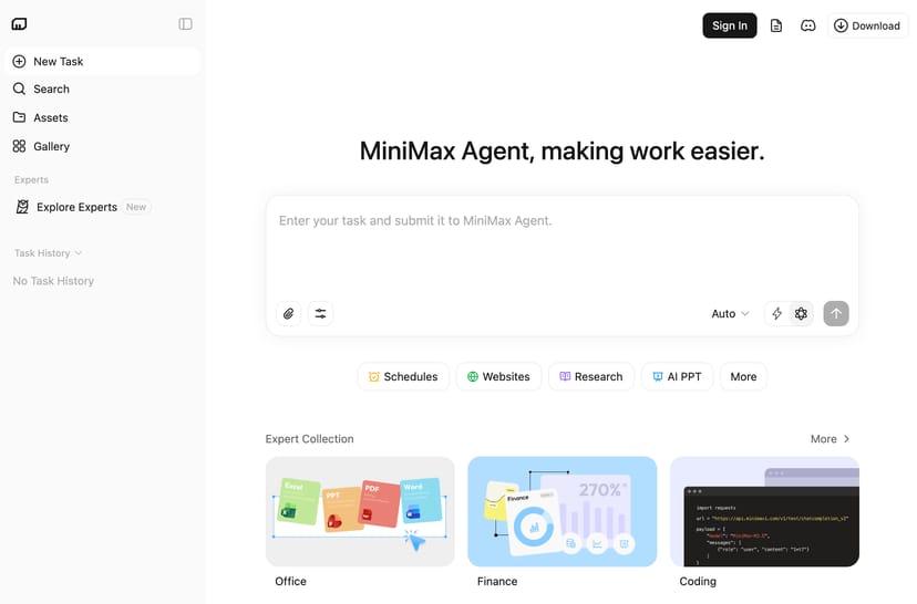 MiniMax AgentのWeb UIトップページ。タスク入力欄とOffice・Finance・Coding等のエキスパート一覧が表示されている