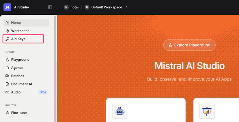 Mistral AI Consoleの左メニューからAPI Keysを選択してAPIキーを取得する