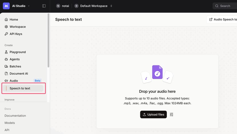 Mistral AI Studioの左メニューからAudio→Speech to textを選択する