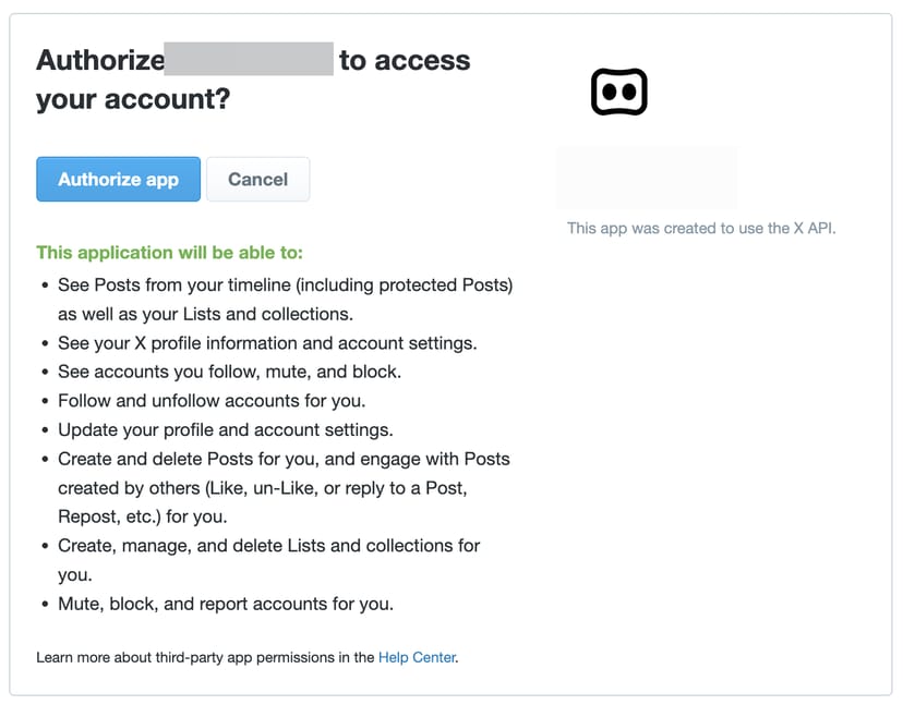ブラウザに表示されたOAuth認証画面。アプリへのアクセス権限の一覧と「Authorize app」ボタンが表示されている