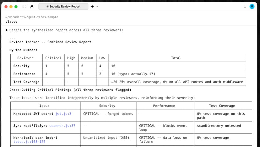3人のレビュワーの結果を統合したCombined Review Report。重要度別の指摘件数と横断的な問題点が表形式で表示されている