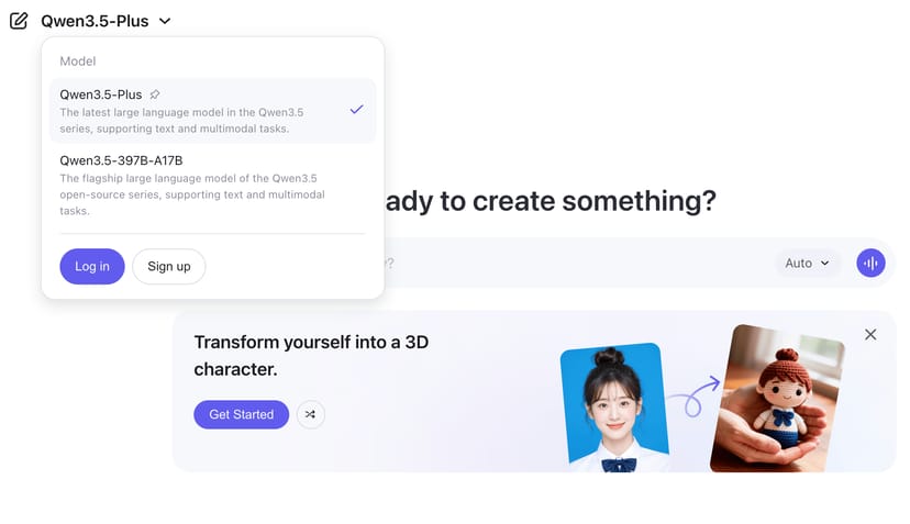Qwen 3.5-PlusのWeb UIトップページ。モデル選択メニューでQwen3.5-Plusが選ばれている