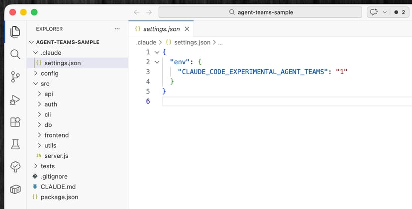 .claude/settings.jsonにAgent Teams有効化の環境変数を設定した画面