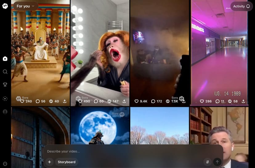 Sora 2のコミュニティページ。ユーザーが生成した多様なジャンルの動画がギャラリー形式で並んでいる
