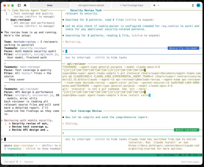 Split panesモード：tmuxで各チームメイトが独立したペインで動作している様子