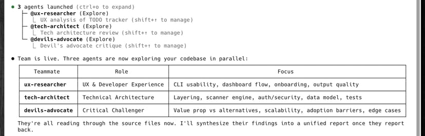 3つのエージェント（ux-researcher、tech-architect、devils-advocate）がスポーンされた直後の画面