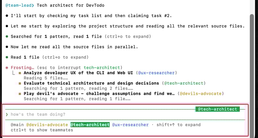 Shift+Up/Downでtech-architectを選択し、直接メッセージを送信できる状態の画面