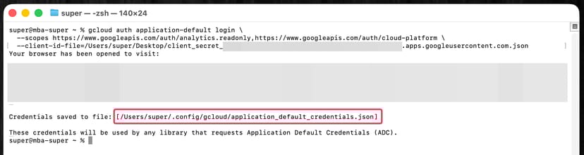 gcloud auth application-default login完了画面。認証情報の保存先パスが赤枠で強調されている