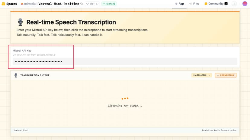 Voxtral RealtimeデモにMistral APIキーを入力した画面。接続中のステータスが表示されている