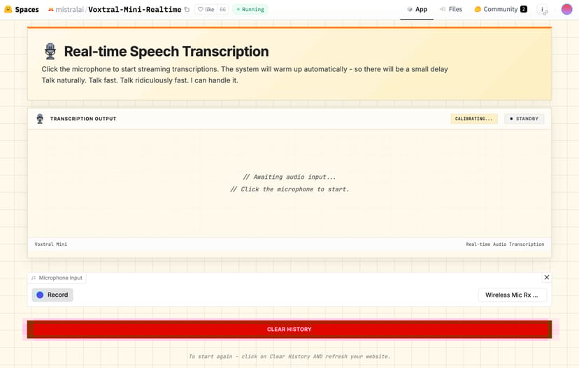 Hugging FaceのVoxtral Realtimeデモ画面。Recordボタンでマイク入力を開始できる