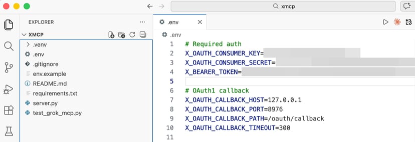 VS Codeで.envファイルを開いた画面。X_OAUTH_CONSUMER_KEYなどの認証情報が設定されている