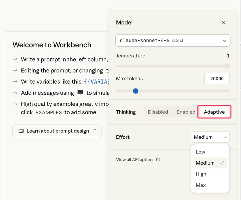 Anthropic Workbenchのモデル設定画面。claude-sonnet-4-6が選択され、Thinkingモードが「Adaptive」に設定されている