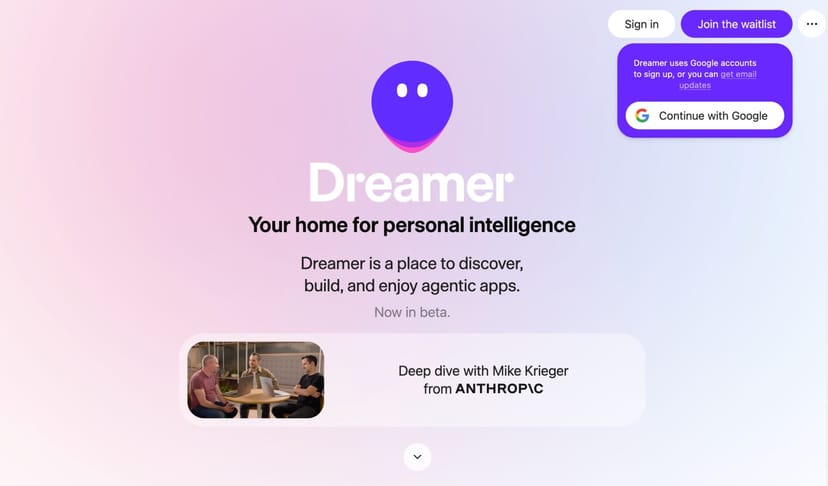Dreamerのランディングページ。紫のロゴと「Your home for personal intelligence」のキャッチコピー、ウェイトリスト登録ボタンが表示されている