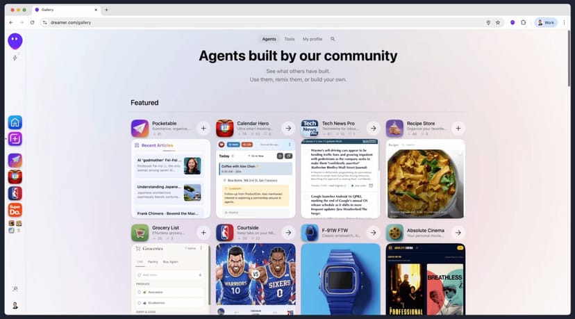 DreamerのGalleryページ。コミュニティが作成したエージェントがカード形式で並び、Pocketable・Calendar Hero・Courtsideなどが紹介されている