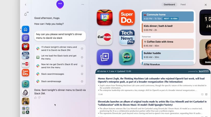 DreamerのSidekickチャット画面。ユーザーの指示でSlackにメッセージを送信する様子と、カレンダーやニュースウィジェットが並ぶダッシュボード
